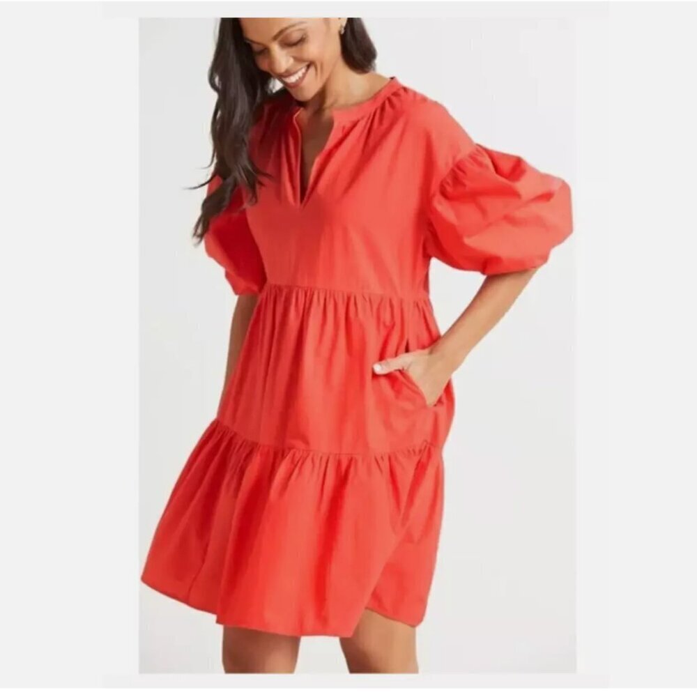Sundry Evereve The Anywhere Dress, Size L, Coral Tiered 100% Cotton with Pockets